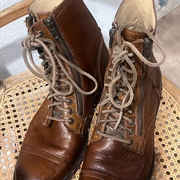 Frye Tyler Brown Leather Double Zip Lace-Up Boots with Brogue Detailing